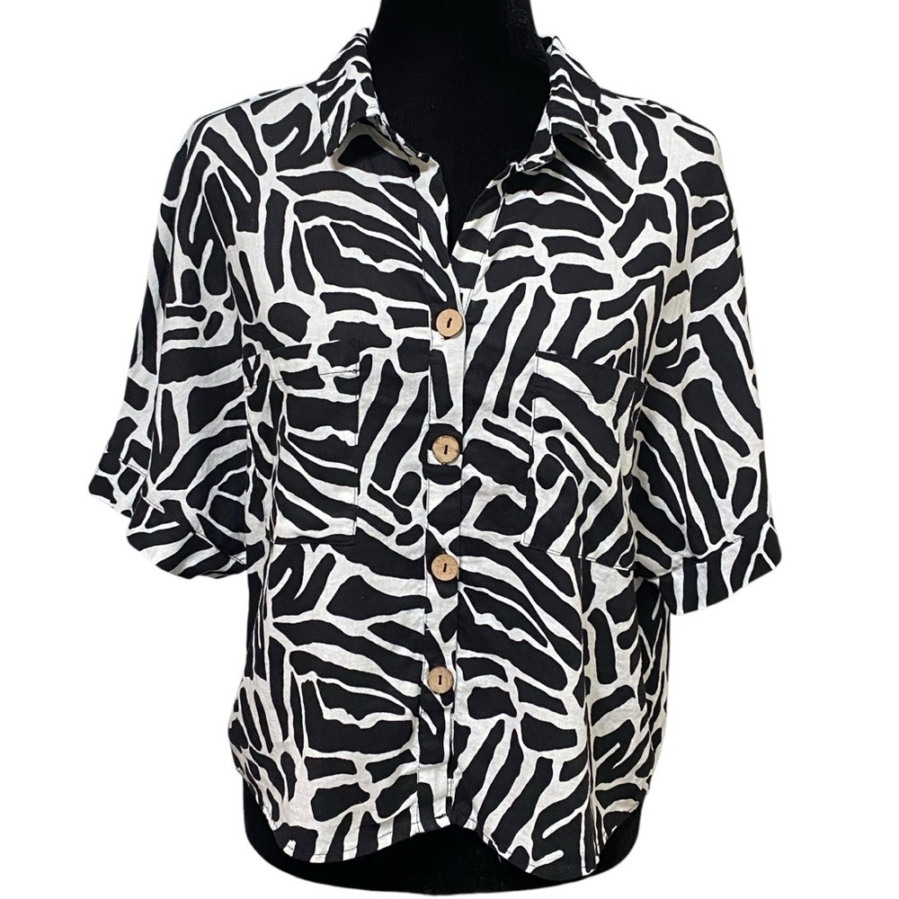 Heroes & Dreamers Zebra Print Linen Blend Boxy Short Sleeve Button Top Large